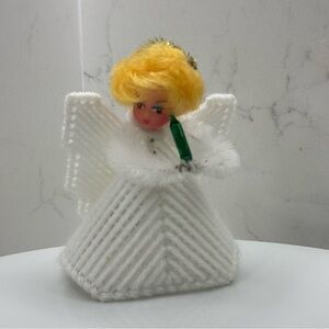 VTG Kitschy Christmas Plastic Canvas Angel Mini Tree Topper Ornament 4" High
